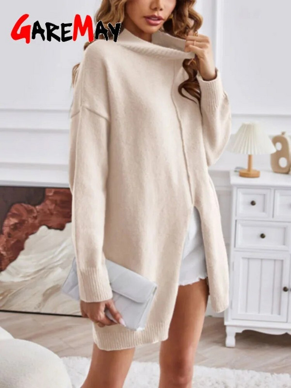 2023 Μακρυμάνικο υπερμεγέθη πουλόβερ Γυναικείο περιστασιακό μακρύ πουλόβερ με ζιβάγκο με σκίσιμο Φθινοπωρινό Χειμώνα Ζεστό χαλαρό πλεκτό πουλόβερ