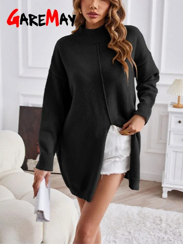 2023 Μακρυμάνικο υπερμεγέθη πουλόβερ Γυναικείο περιστασιακό μακρύ πουλόβερ με ζιβάγκο με σκίσιμο Φθινοπωρινό Χειμώνα Ζεστό χαλαρό πλεκτό πουλόβερ