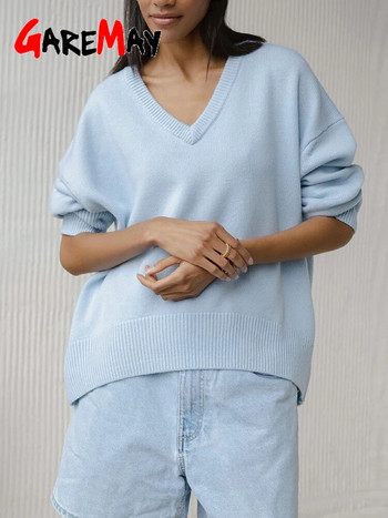 Масивен дамски пуловер с голям размер с V-образно деколте Мек основен есенен ретро класически пуловер с дълъг ръкав Дамски свободни пуловери за жени