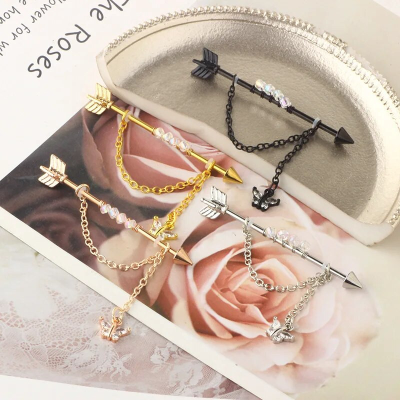 1 gab tauriņu kulonu rūpnieciskais pīrsings sievietēm ķēdes stieņa auskari estētisks rūpnieciskais gredzens ķermeņa pīrsings rotaslietas dāvana