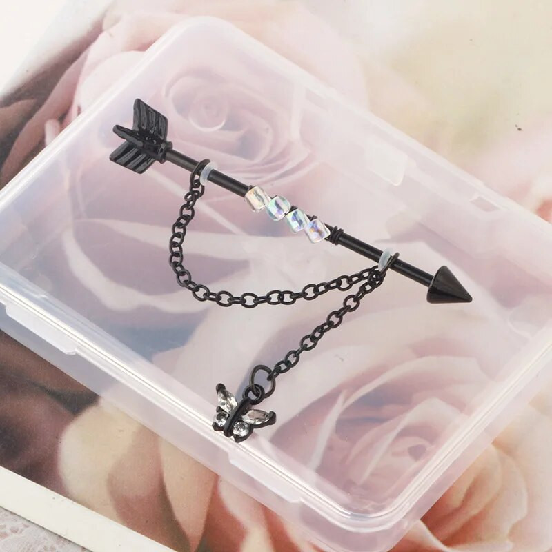 1 gab tauriņu kulonu rūpnieciskais pīrsings sievietēm ķēdes stieņa auskari estētisks rūpnieciskais gredzens ķermeņa pīrsings rotaslietas dāvana