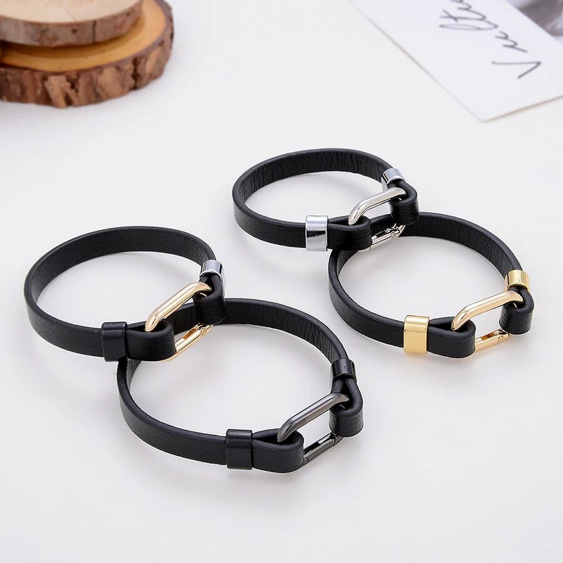 Cinka sakausējuma ovālas pavasara sprādzes vīriešu rokassprādzes šarms, melns īstas ādas virvju ķēde, vienkārša pāra rokassprādze mīļotājiem rotaslietas dāvanas