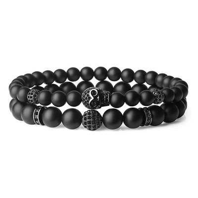 Punk υψηλής ποιότητας ανδρικά βραχιόλια σετ Skull Micro-inlaid Zircon CZ Ball Beaded Bracelets Natural Matte Obsidian Fashion Jewelry