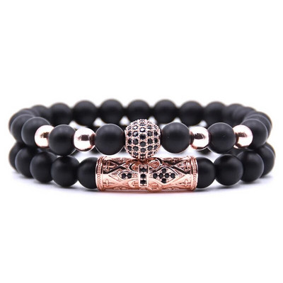 Punk υψηλής ποιότητας ανδρικά βραχιόλια σετ Skull Micro-inlaid Zircon CZ Ball Beaded Bracelets Natural Matte Obsidian Fashion Jewelry