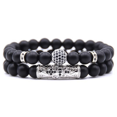 Punk υψηλής ποιότητας ανδρικά βραχιόλια σετ Skull Micro-inlaid Zircon CZ Ball Beaded Bracelets Natural Matte Obsidian Fashion Jewelry