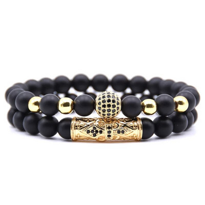 Punk υψηλής ποιότητας ανδρικά βραχιόλια σετ Skull Micro-inlaid Zircon CZ Ball Beaded Bracelets Natural Matte Obsidian Fashion Jewelry
