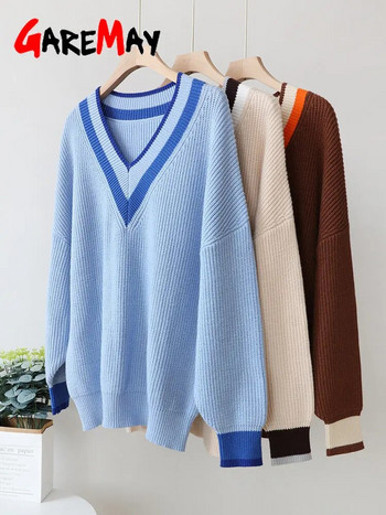 Зимен есенен дамски пуловер на райе Кафяв плетен пуловер Oversize Топъл свободен джъмпер Дебел винтидж пуловери с V-образно деколте за жени