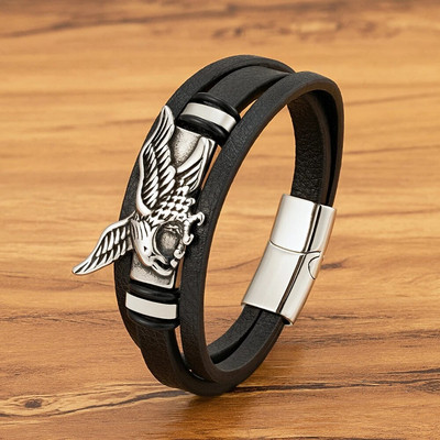 XQNI Animal Eagle Eagle Bracelet for Hand Multi-Layers Black Leather with Magnetic Charm Bracelet Boyfriend Jewelry Boyfriend