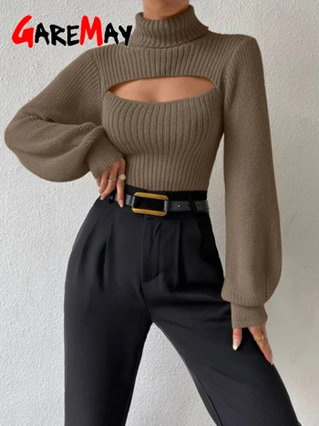 Секси дамски пуловери с висока яка с дълъг ръкав Тънък дамски плетен пуловер Винтидж пуловер Скъсен пуловер с рипсена плетка