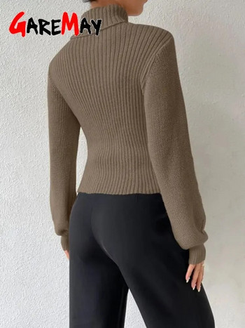 Секси дамски пуловери с висока яка с дълъг ръкав Тънък дамски плетен пуловер Винтидж пуловер Скъсен пуловер с рипсена плетка