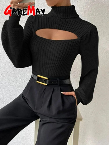 Σέξι πουλόβερ με ζιβάγκο για γυναίκες με μακρυμάνικο λεπτό γυναικείο πλεκτό πουλόβερ Vintage πουλόβερ με ραβδώσεις πλεκτό cropped πουλόβερ