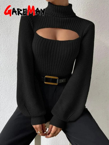 Σέξι πουλόβερ με ζιβάγκο για γυναίκες με μακρυμάνικο λεπτό γυναικείο πλεκτό πουλόβερ Vintage πουλόβερ με ραβδώσεις πλεκτό cropped πουλόβερ