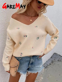 Őszi téli női V nyakú pulóver virágos fehér hosszú ujjú meleg kötött pulóver női zöld hímzett női pulóver