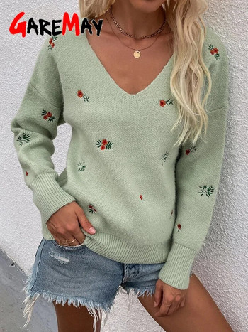 Есенно-зимен дамски пуловер с V-образно деколте Цвете Бял топъл плетен пуловер с дълъг ръкав Женски зелен бродиран пуловер за жени