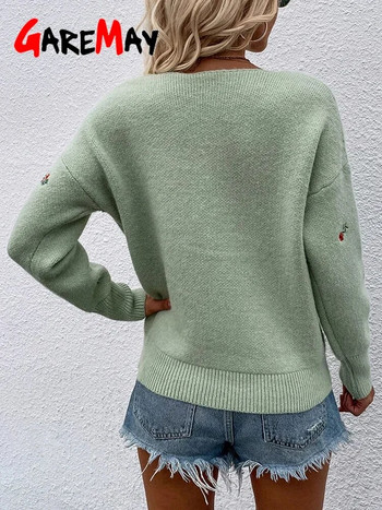 Есенно-зимен дамски пуловер с V-образно деколте Цвете Бял топъл плетен пуловер с дълъг ръкав Женски зелен бродиран пуловер за жени