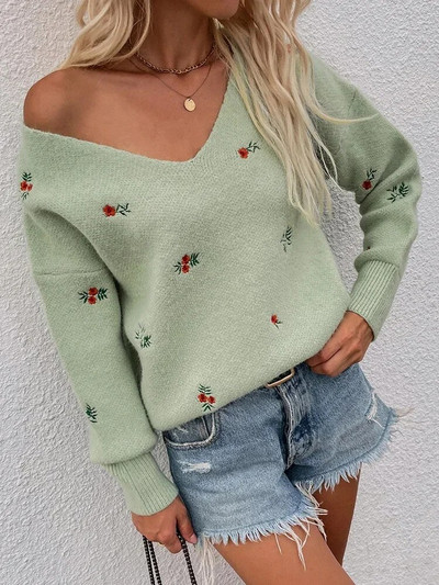 Őszi téli női V nyakú pulóver virágos fehér hosszú ujjú meleg kötött pulóver női zöld hímzett női pulóver