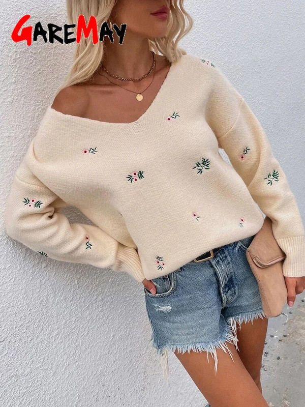 Őszi téli női V nyakú pulóver virágos fehér hosszú ujjú meleg kötött pulóver női zöld hímzett női pulóver