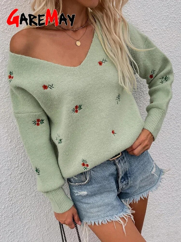 Őszi téli női V nyakú pulóver virágos fehér hosszú ujjú meleg kötött pulóver női zöld hímzett női pulóver
