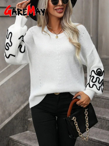 Ежедневен дамски овърсайз пуловер с дълъг ръкав есен 2023 Елегантен ретро пуловер за жени Зимен бял плетен пуловер