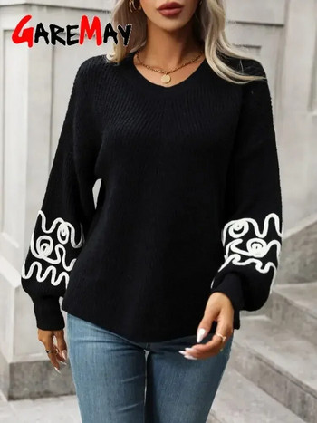 Ежедневен дамски овърсайз пуловер с дълъг ръкав есен 2023 Елегантен ретро пуловер за жени Зимен бял плетен пуловер