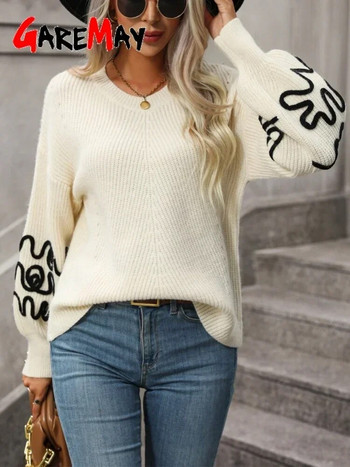 Casual μακρυμάνικο γυναικείο πουλόβερ oversize φθινόπωρο 2023 Κομψό vintage πουλόβερ για γυναίκες Χειμερινό λευκό πλεκτό πουλόβερ