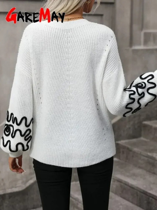 Casual μακρυμάνικο γυναικείο πουλόβερ oversize φθινόπωρο 2023 Κομψό vintage πουλόβερ για γυναίκες Χειμερινό λευκό πλεκτό πουλόβερ