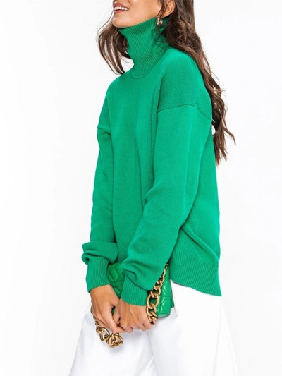 Női téli, garbós pulóver, nagyméretű, fehér zöld pulóver, vintage női pulóver, tömör, meleg kötött, puha női pulóver, 2023