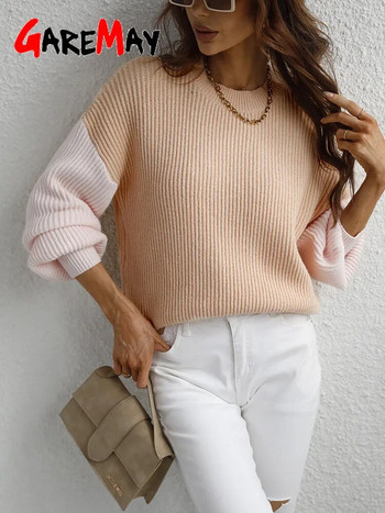 Дамски пуловер Тенденция за 2023 г. Едноцветен бял плетен пуловер Мек винтидж пуловер с големи размери Ежедневни топли пуловери с дълъг ръкав за жени