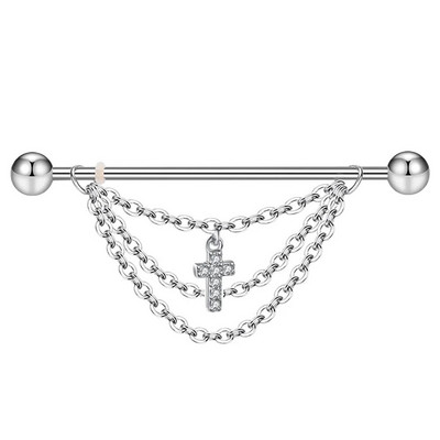 1 gab Cross Skull Kulonu rūpnieciskais pīrsings sievietēm ar stieņa auskaru 316L Ķirurģiska tērauda garas ķēdes ausu pīrsings ķermeņa rotaslietas