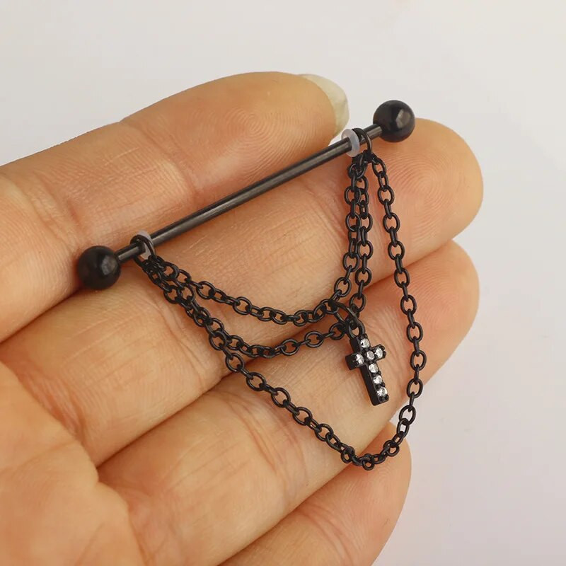 1 gab Cross Skull Kulonu rūpnieciskais pīrsings sievietēm ar stieņa auskaru 316L Ķirurģiska tērauda garas ķēdes ausu pīrsings ķermeņa rotaslietas