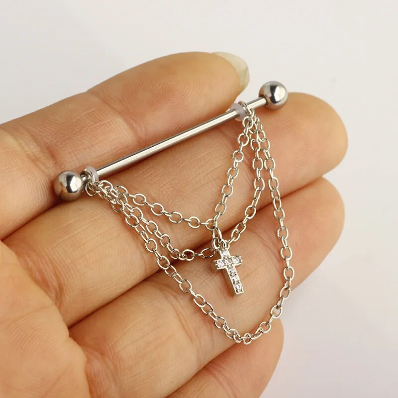 1 gab Cross Skull Kulonu rūpnieciskais pīrsings sievietēm ar stieņa auskaru 316L Ķirurģiska tērauda garas ķēdes ausu pīrsings ķermeņa rotaslietas