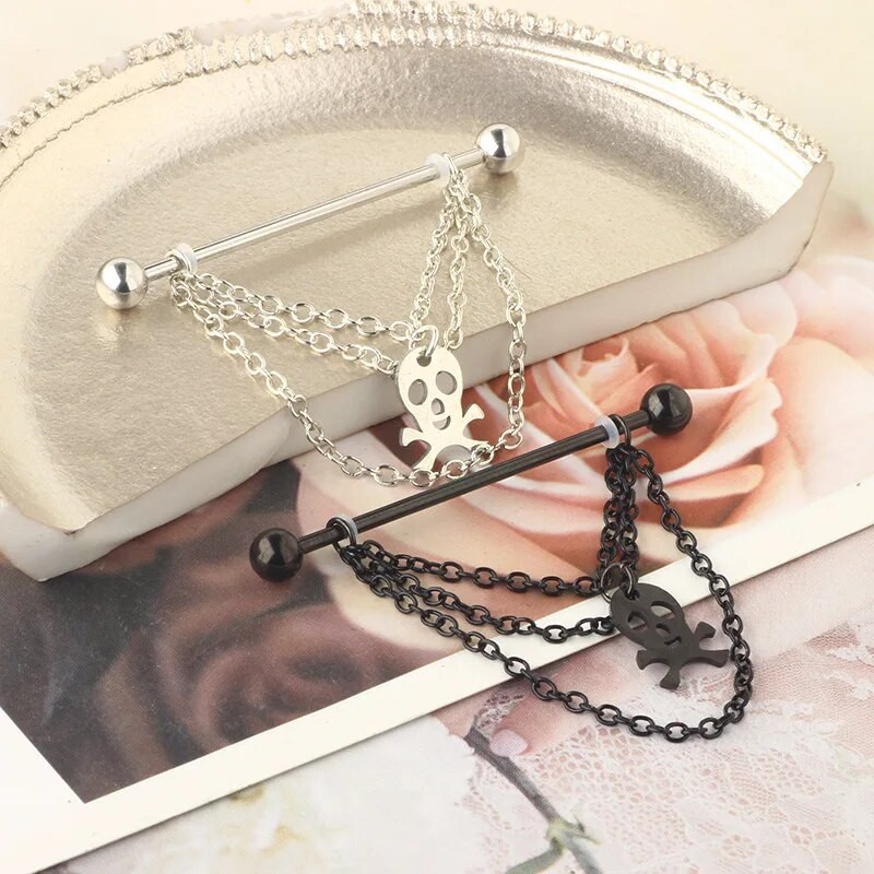 1 gab Cross Skull Kulonu rūpnieciskais pīrsings sievietēm ar stieņa auskaru 316L Ķirurģiska tērauda garas ķēdes ausu pīrsings ķermeņa rotaslietas