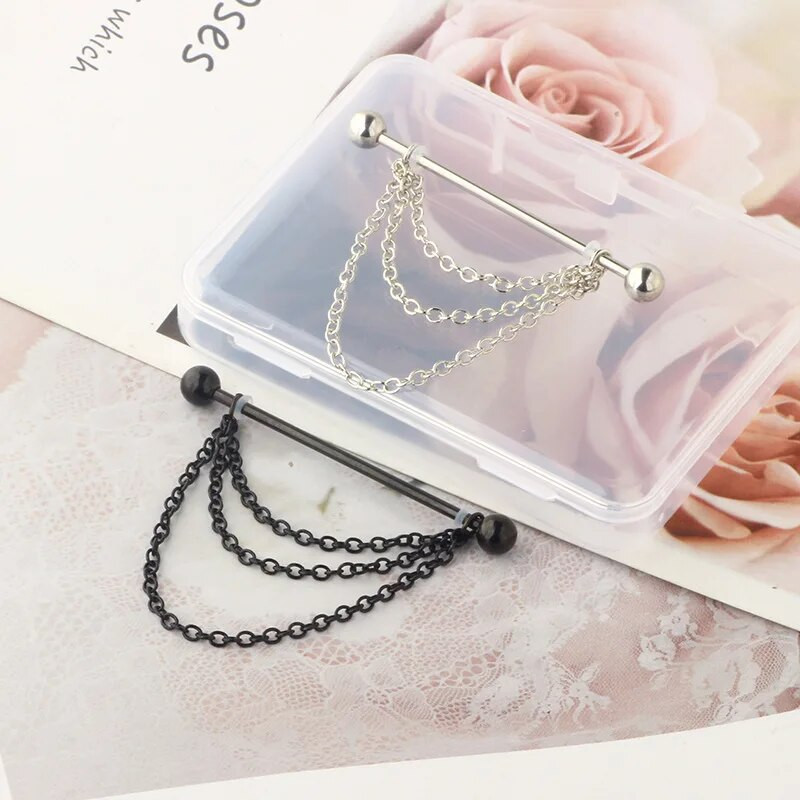 1 gab Cross Skull Kulonu rūpnieciskais pīrsings sievietēm ar stieņa auskaru 316L Ķirurģiska tērauda garas ķēdes ausu pīrsings ķermeņa rotaslietas