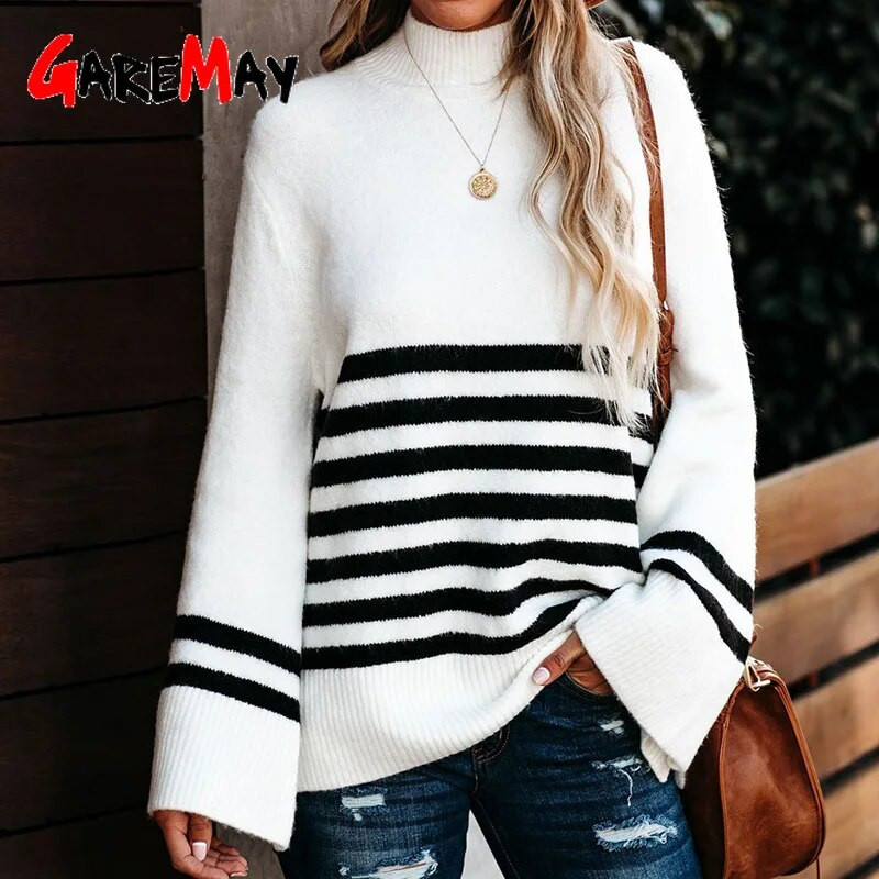 Sügistalviste varrukatega avarad kootud kampsunid 2023. aasta moodne triibuline kilpkaelusega kampsun Naiste elegantsed džemprid vabaaja pulloverid