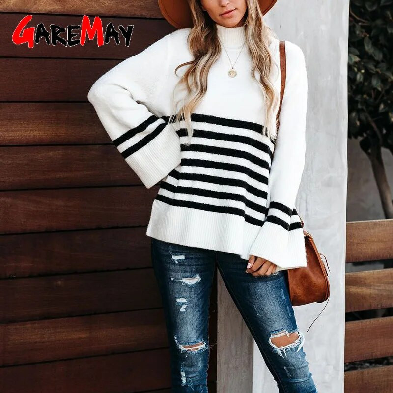 Sügistalviste varrukatega avarad kootud kampsunid 2023. aasta moodne triibuline kilpkaelusega kampsun Naiste elegantsed džemprid vabaaja pulloverid