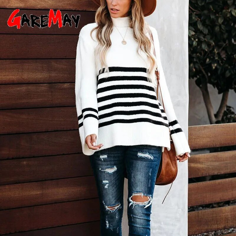 Sügistalviste varrukatega avarad kootud kampsunid 2023. aasta moodne triibuline kilpkaelusega kampsun Naiste elegantsed džemprid vabaaja pulloverid