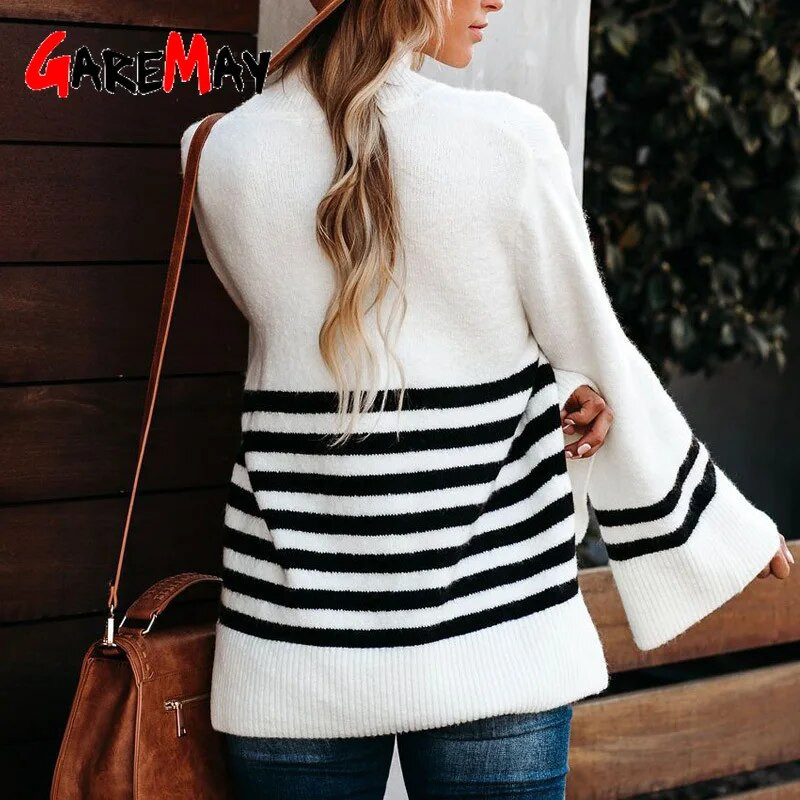 Sügistalviste varrukatega avarad kootud kampsunid 2023. aasta moodne triibuline kilpkaelusega kampsun Naiste elegantsed džemprid vabaaja pulloverid