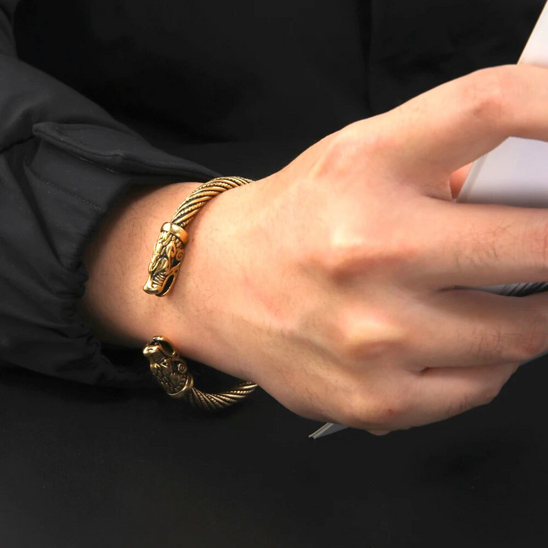 Dawapara Viking Käevõru Fenrir Wolf Head Torque Meeste Käevõru roostevabast terasest Põhjala mütoloogia Amuleti ehted