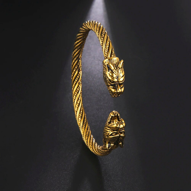 Dawapara Viking Käevõru Fenrir Wolf Head Torque Meeste Käevõru roostevabast terasest Põhjala mütoloogia Amuleti ehted