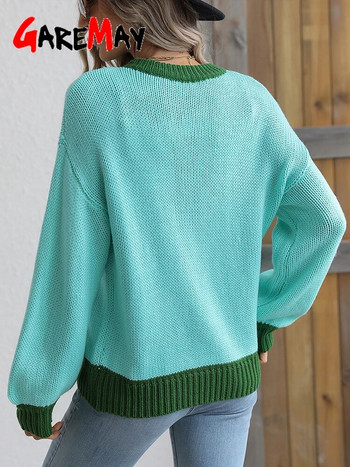 Зимен дамски пуловер, плетен ежедневен свободен пуловер Kintting Jumper с О-образно деколте, меки бежово-зелени топли големи пуловери за жени