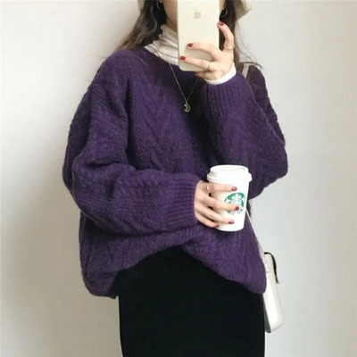 Pulóverek Női Vintage Lila Harajuku Simple Ulzzang Divatos női kötöttáru, hosszú ujjú, téli őszi alap Femme elegáns pulóverek