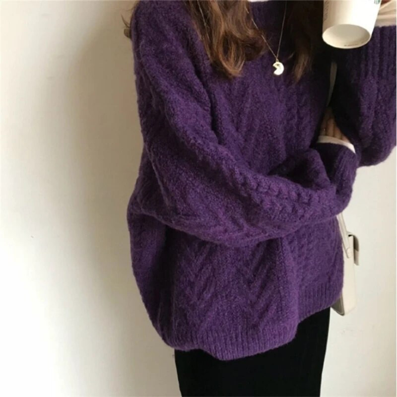 Pulóverek Női Vintage Lila Harajuku Simple Ulzzang Divatos női kötöttáru, hosszú ujjú, téli őszi alap Femme elegáns pulóverek