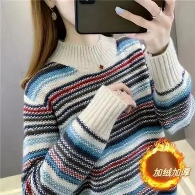 Rudens ziemas svītru modes Harajuku džemperis sievietēm, viss atbilst korejiešu šiks topi Sieviešu brīvi ikdienas trikotāžas džemperis ar garām piedurknēm