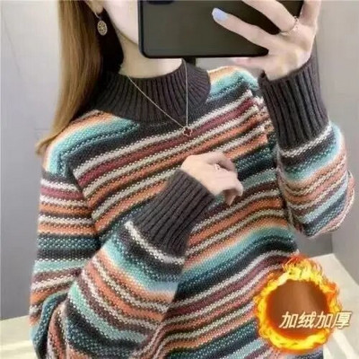 Rudens ziemas svītru modes Harajuku džemperis sievietēm, viss atbilst korejiešu šiks topi Sieviešu brīvi ikdienas trikotāžas džemperis ar garām piedurknēm