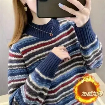 Rudens ziemas svītru modes Harajuku džemperis sievietēm, viss atbilst korejiešu šiks topi Sieviešu brīvi ikdienas trikotāžas džemperis ar garām piedurknēm