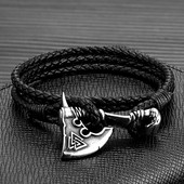 MKENDN vīriešu vikingu cirvis daudzslāņu šarms ādas aproce nerūsējošais tērauds norvēģu rūnu cirvis Thor āmurs Mjolnir slāvu amulets rotaslietas