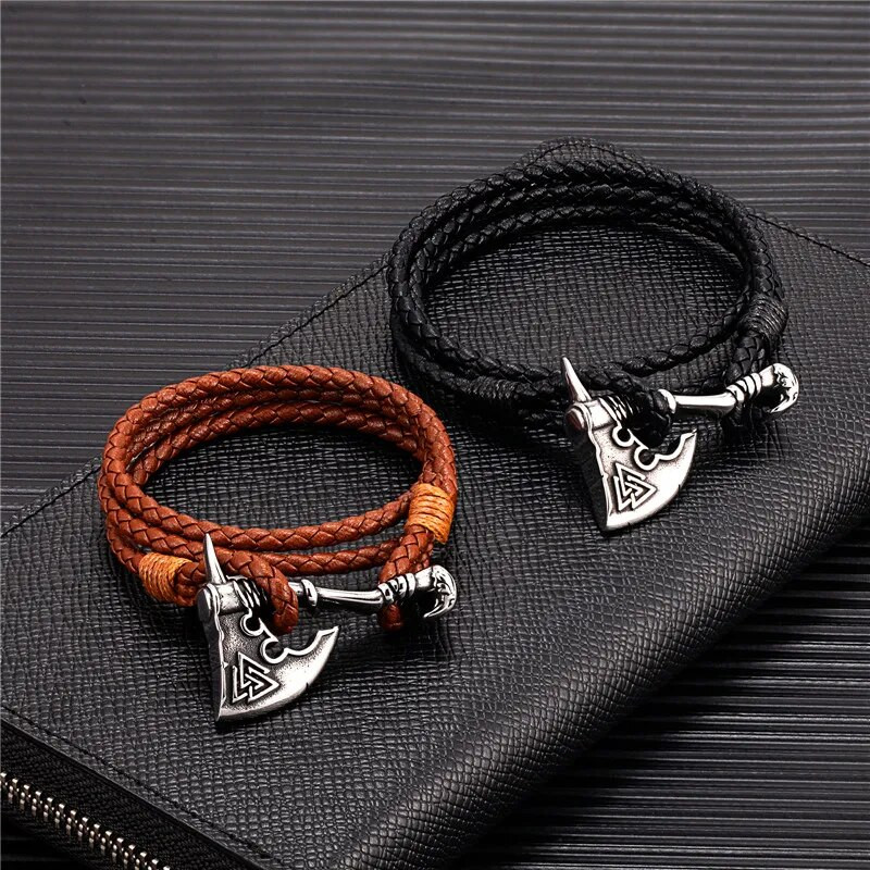 MKENDN vīriešu vikingu cirvis daudzslāņu šarms ādas aproce nerūsējošais tērauds norvēģu rūnu cirvis Thor āmurs Mjolnir slāvu amulets rotaslietas