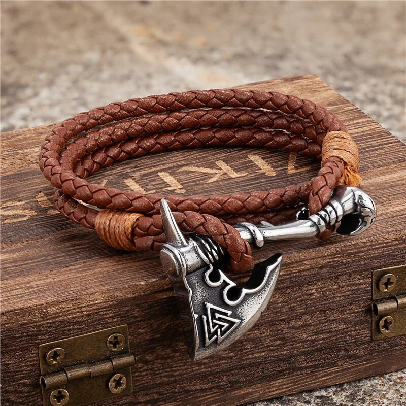 MKENDN vīriešu vikingu cirvis daudzslāņu šarms ādas aproce nerūsējošais tērauds norvēģu rūnu cirvis Thor āmurs Mjolnir slāvu amulets rotaslietas