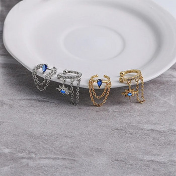 Σκουλαρίκια βούκινο με κλιπ αυτιού με συνδετική αλυσίδα για γυναίκες Γαλλικό κομψό χρυσό χρώμα Αστέρι ζιργκόν μη τρυπώντας μανσέτα στο αυτί Κοσμήματα Χονδρική KCE203