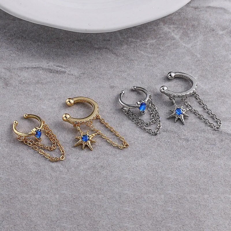 Saites ķēde Ausu saspraudes gliemežnīcas auskari sievietēm franču elegants zelta krāsā Zvaigzne cirkons, necaurdurošs auss aproču rotaslietas vairumtirdzniecība KCE203